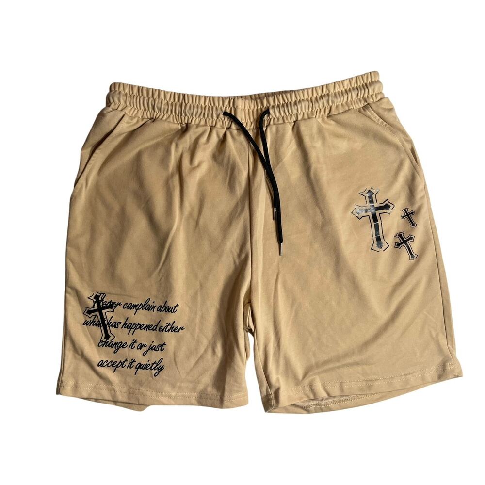 Men’s XL drawstring shorts feature a black screen-printed cross graphic-Used